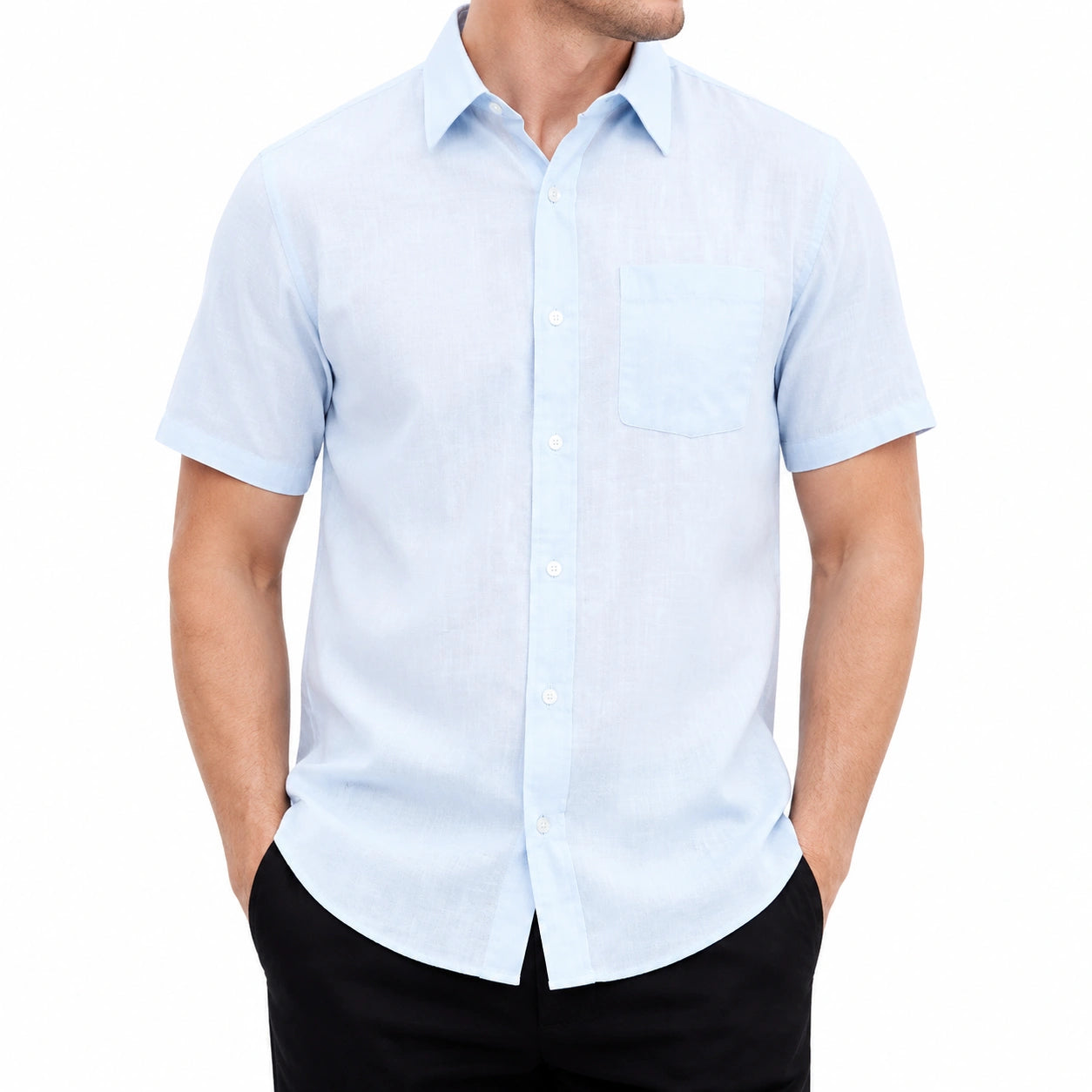 Camicia da uomo L in tessuto leggero azzurro a maniche corte stile casual