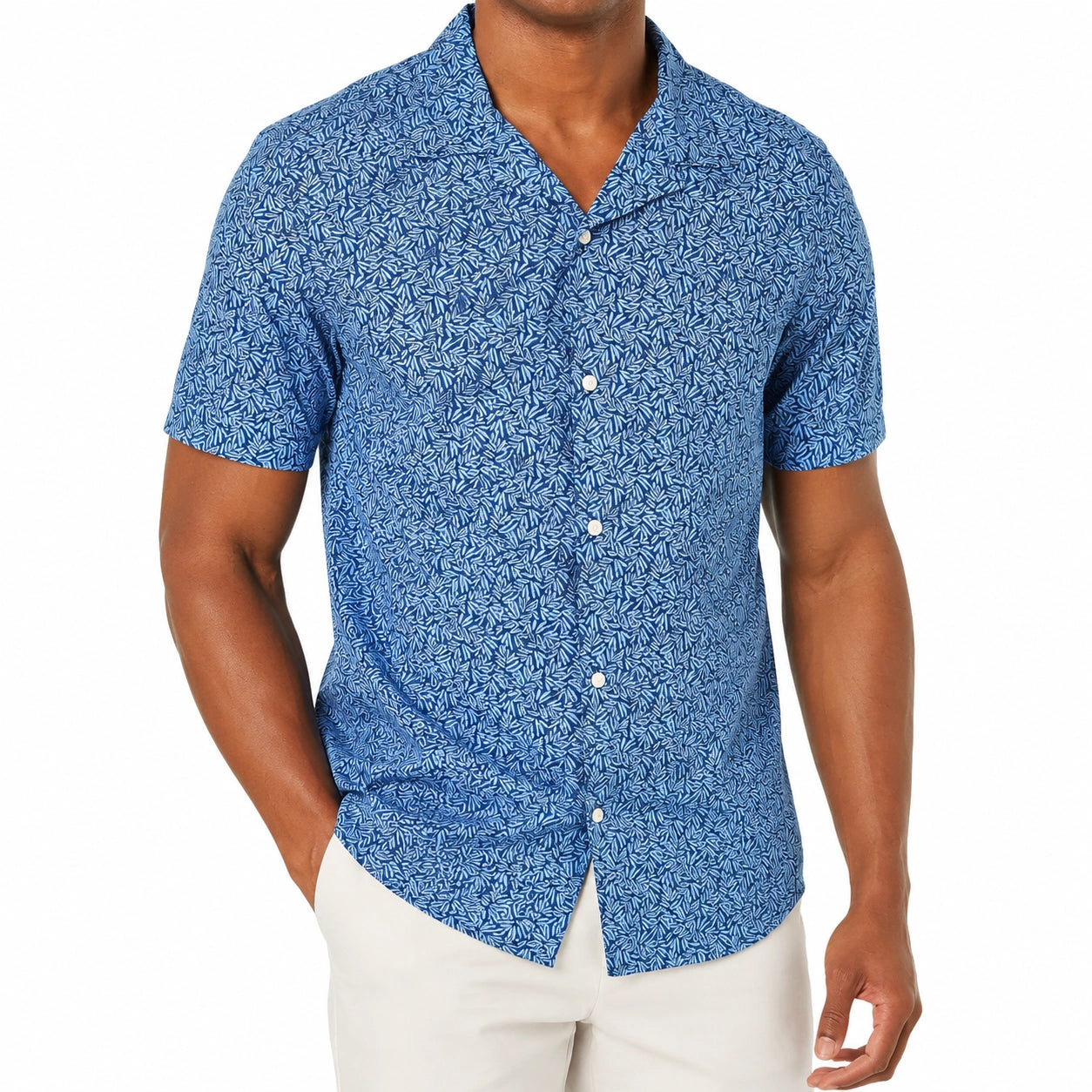 Camicia uomo L in tessuto blu con stampa a maniche corte - stile casual