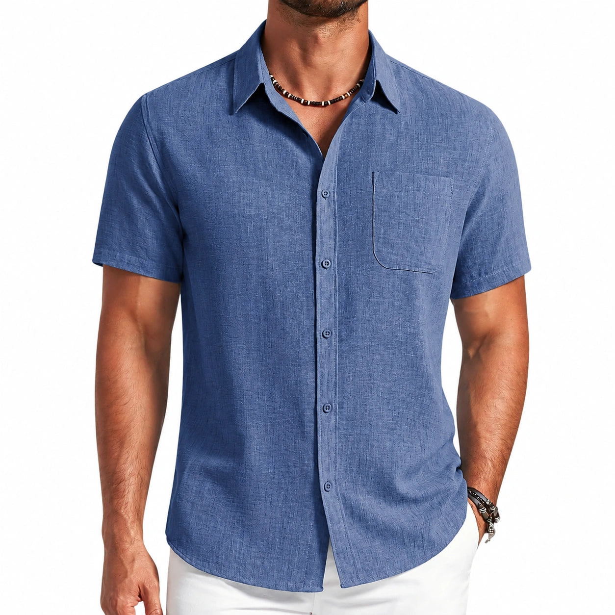 Camicia da uomo L in tessuto blu a maniche corte con taschino - stile casual