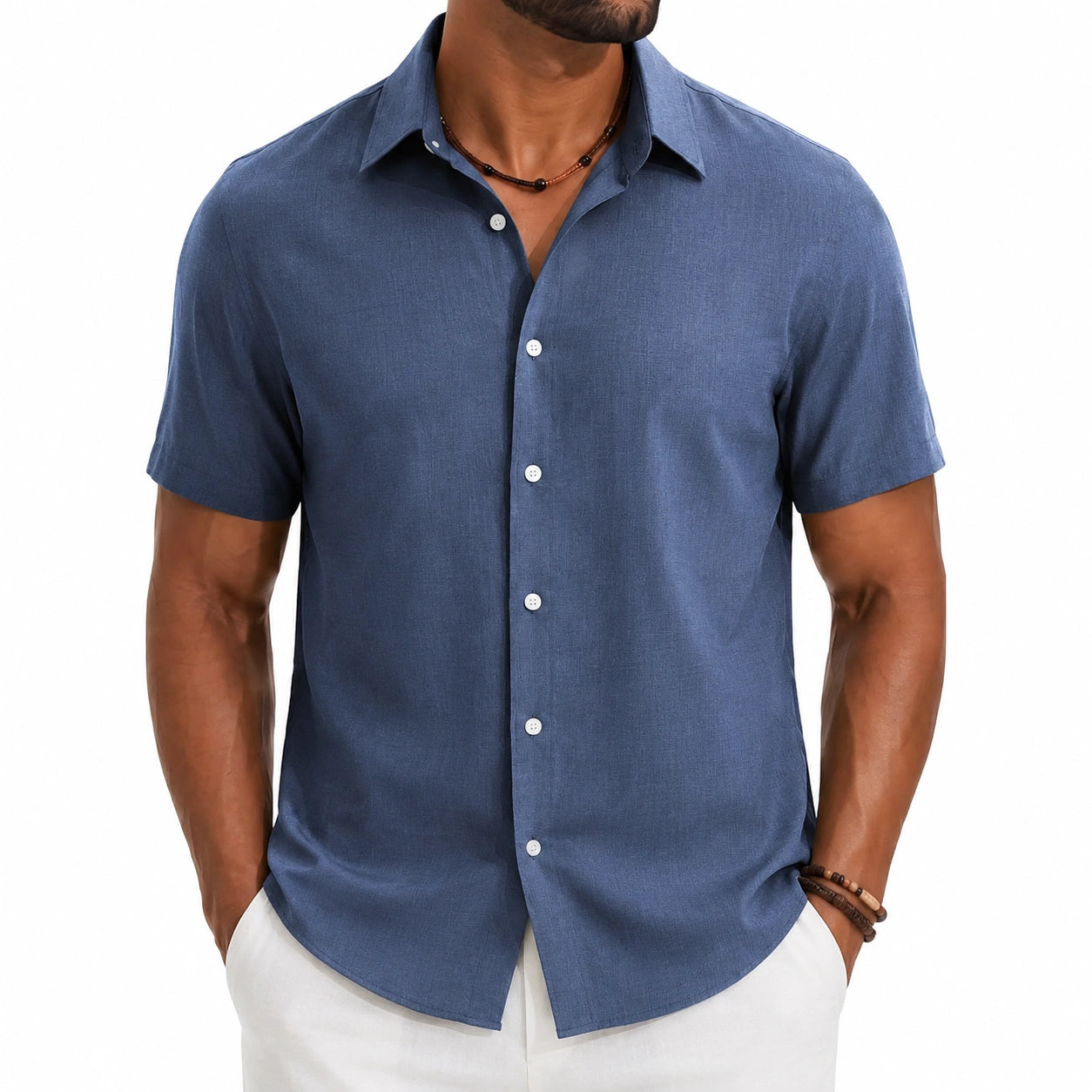 Camicia da uomo M in lino blu a maniche corte - stile casual