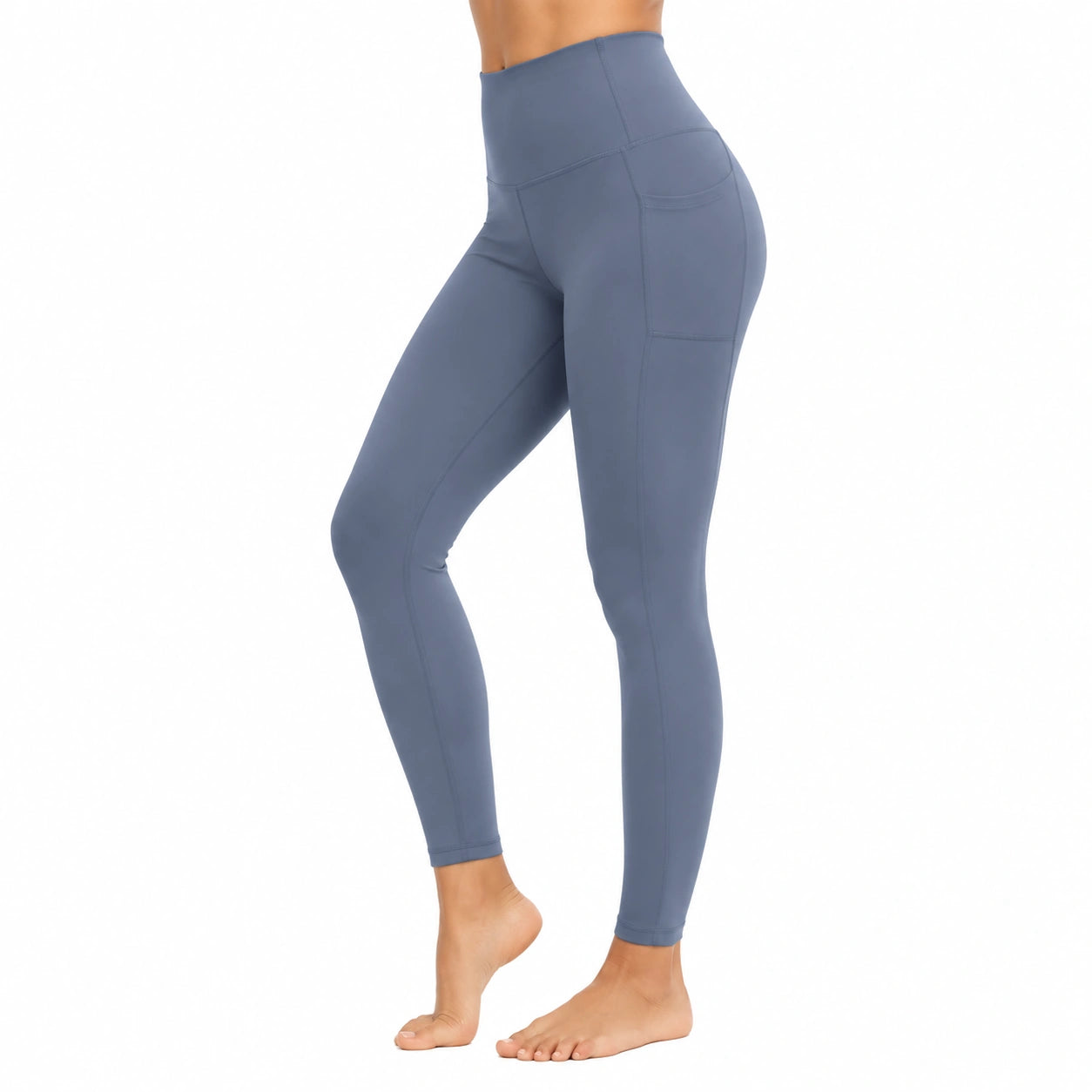 Leggings sportivi donna taglia M in tessuto elasticizzato blu ardesia a vita alta con tasche laterali