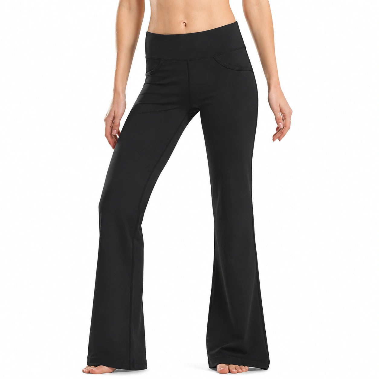 Pantaloni donna taglia S neri in tessuto elasticizzato a vita alta svasati