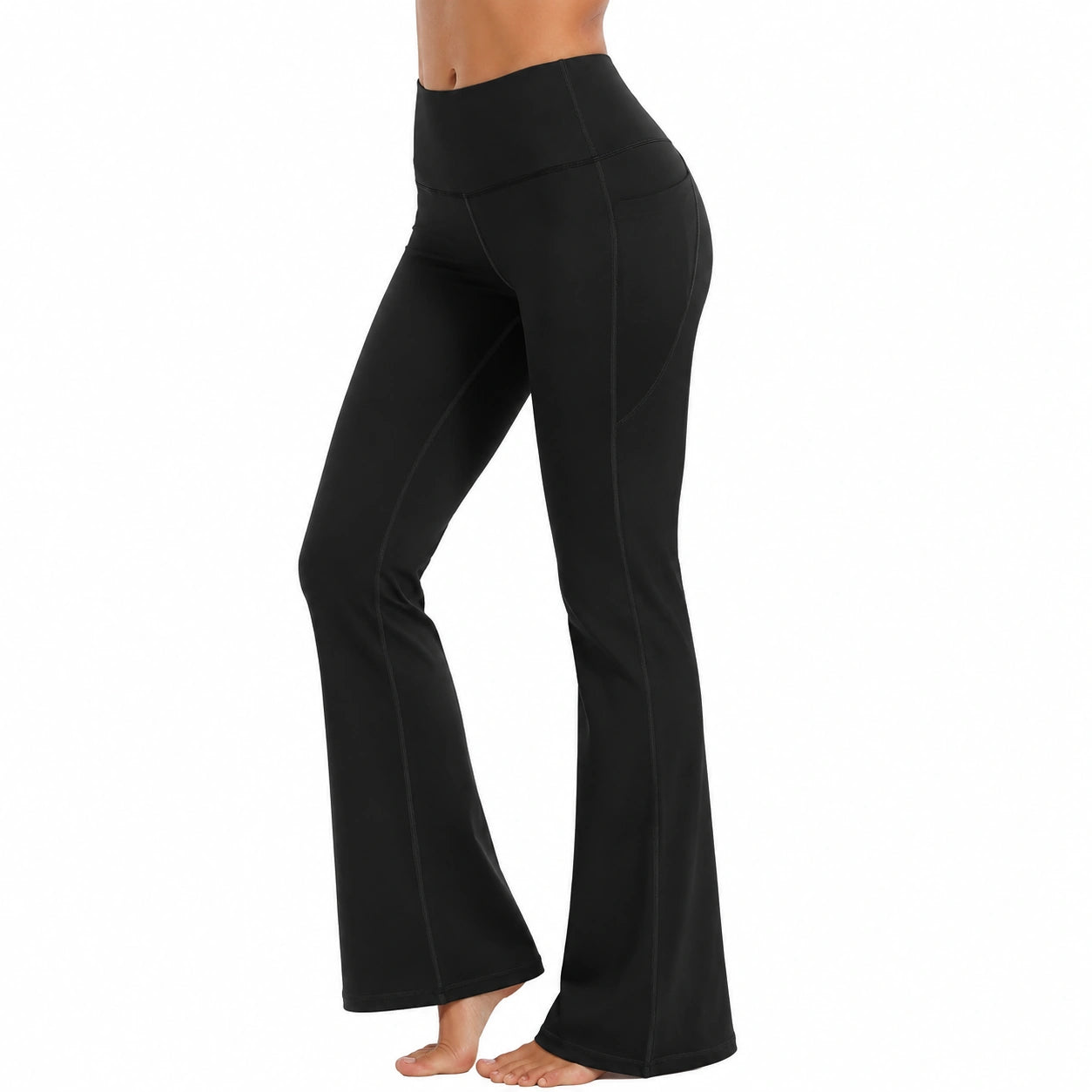 Leggings donna taglia M neri in tessuto elasticizzato a vita alta con gamba svasata per yoga