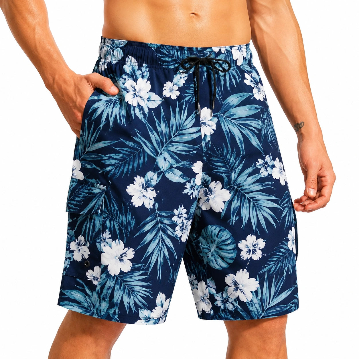 Costume da bagno uomo M in tessuto sintetico blu con stampa floreale - pantaloncino mare con coulisse e tasche