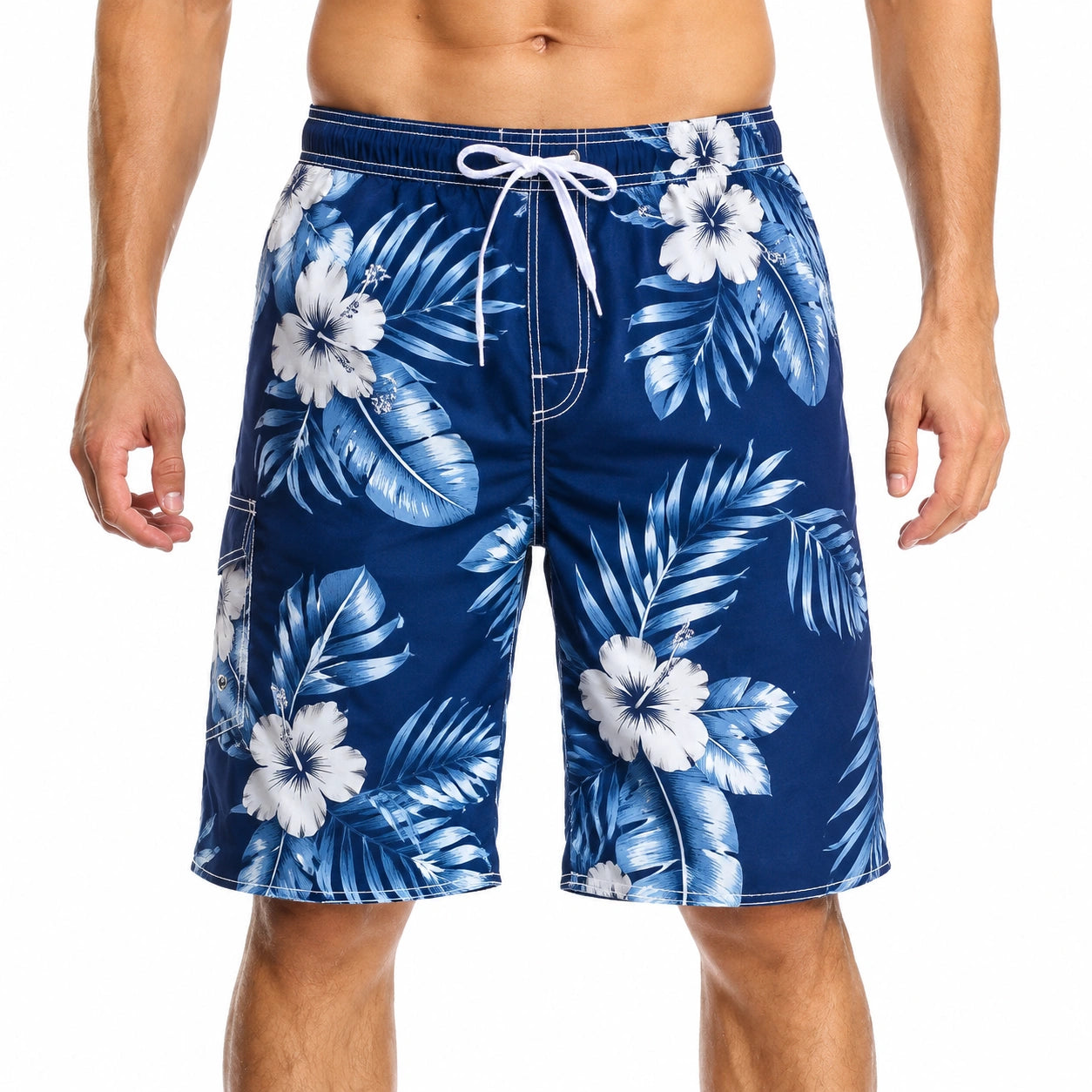 Costume da bagno uomo taglia L in tessuto sintetico blu con stampa floreale - stile tropicale con coulisse