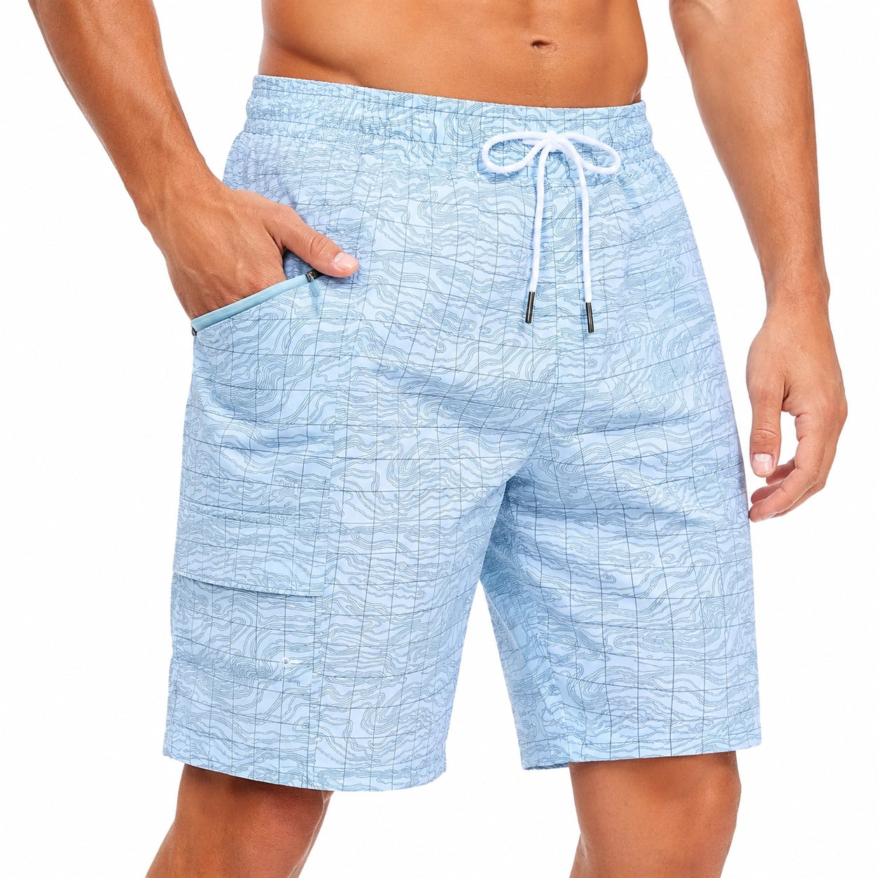 Pantaloncini da bagno uomo L in tessuto azzurro con stampa topografica e tasche cargo