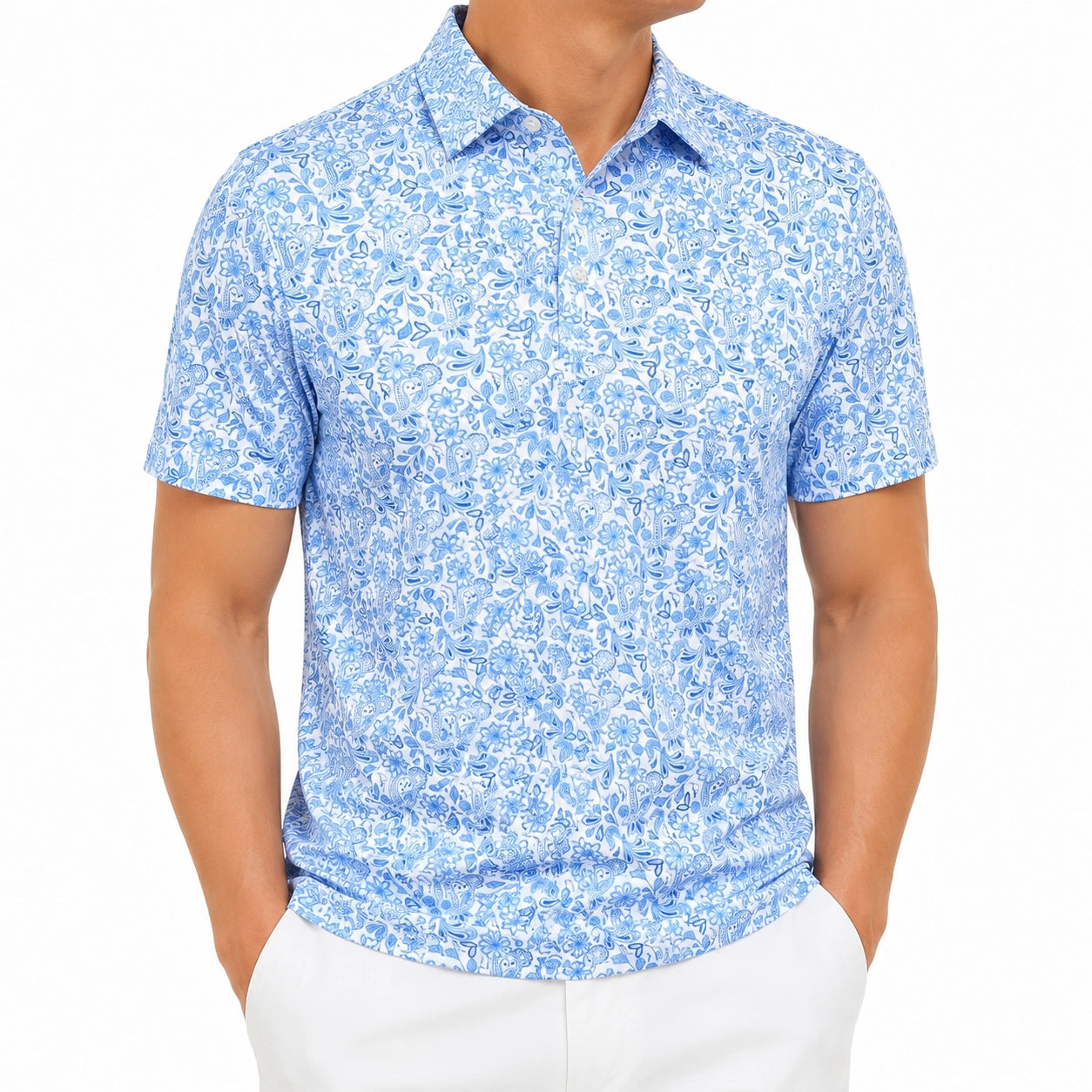 Polo uomo taglia L in tessuto azzurro e bianco con stampa floreale a manica corta