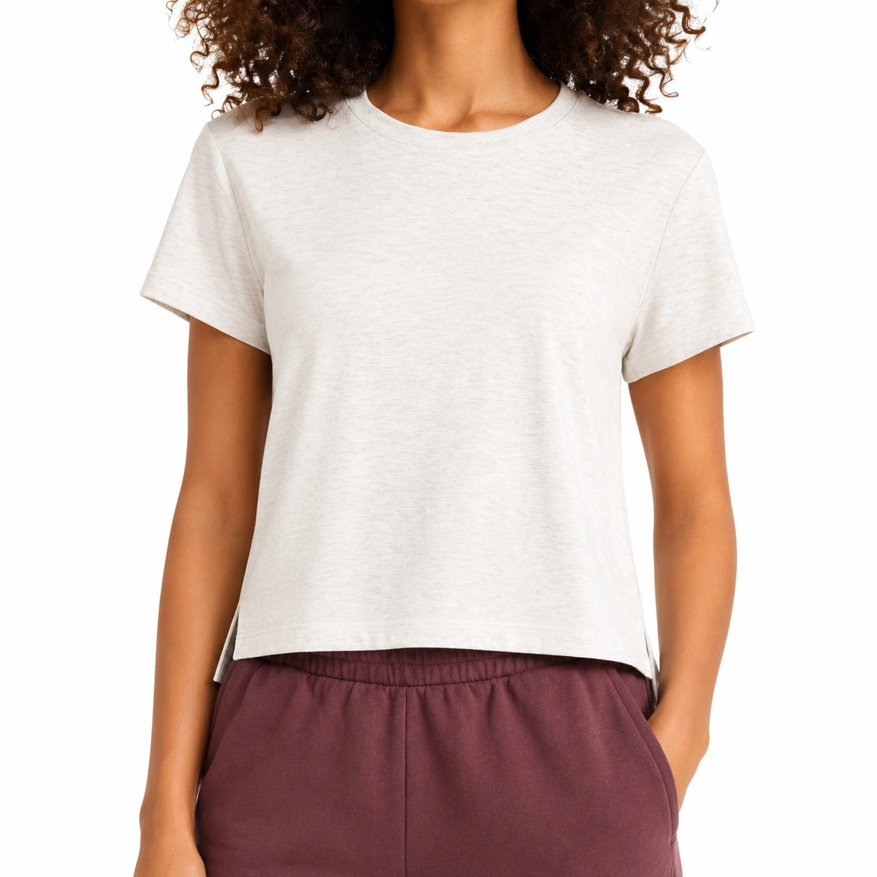 T-shirt donna taglia S in tessuto a maglia bianco panna - girocollo a maniche corte
