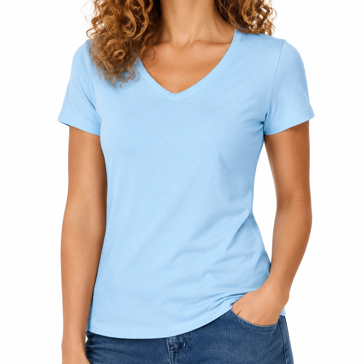 T-shirt donna taglia S in tessuto azzurro chiaro con scollo a V e maniche corte